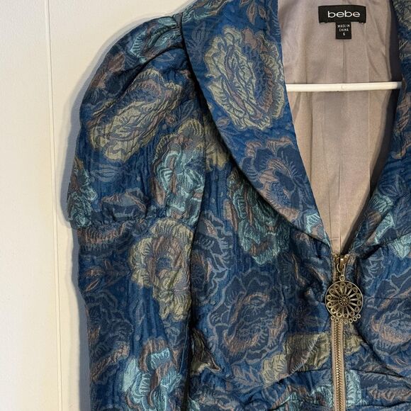 Y2k Bebe Jacket Womens 6 Blue Floral Brocade Puff Sleeve Cropped Zip Jacquard - Picture 8 of 16
